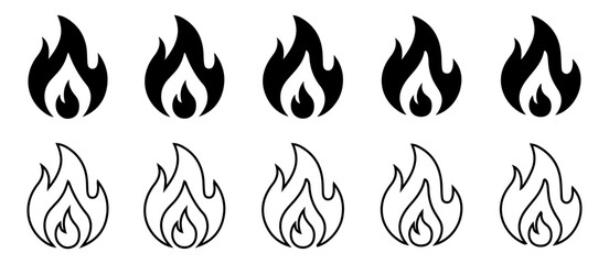 Fire Flame Icon Set Collection on white background.