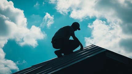 Silhouette of a man working on a metall roof against a background of sky and clouds