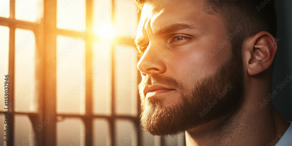 Wall mural Portrait of a sad male inmate in prison uniform looking at sunlight shining through a prison window with bars. Concept of hope for freedom