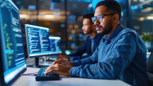 Two individuals coding on computers in a modern workspace, focused on their screens filled with programming data.