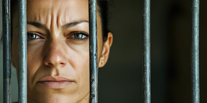 Portrait of a sad woman criminal behind the bars of a prison cell. Female colony, arrest, sentence of imprisonment