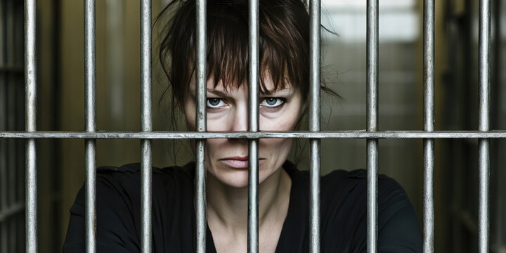 Portrait of a sad woman criminal behind the bars of a prison cell. Female colony, arrest, sentence of imprisonment