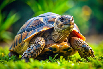 Obraz premium Close-up of a tortoise on green grass.