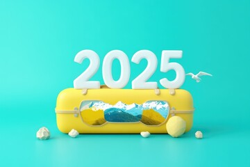 The word "2025" is made of a yellow suitcase, a white mountain, and sunglasses on a blue background, in a cartoon style, with a simple design, a flat illustration, a vector file, graphic art