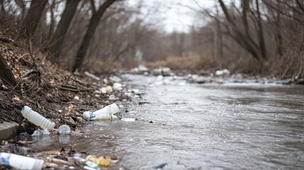 Fototapeta premium Polluted River in Nature with Trees and Soft Light