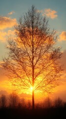 Fototapeta premium Silhouetted tree at vibrant sunset.