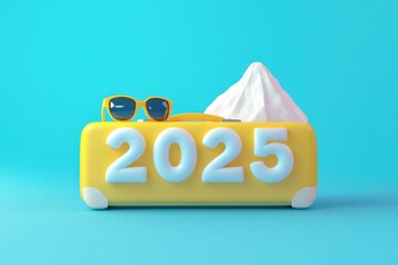 The word "2025" is made of a yellow suitcase, a white mountain, and sunglasses on a blue background, in a cartoon style, with a simple design, a flat illustration, a vector file, graphic art