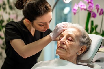 Fototapeta premium Pensioner in a beauty salon at a cosmetologist's treatment