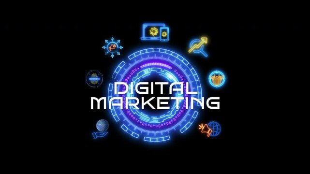 Glowing neon line banner of digital marketing concept with icons of branding, advertising, SEO, social media, devices, internet and target isolated on transparent background.