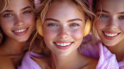 Three smiling women, one with headphones, close-up.