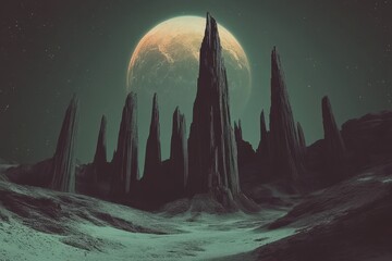 Alien Landscape Featuring Tall Rock Formations and a Large Planet