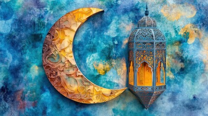 Ornate Crescent Moon and Intricate Lantern Against a Watercolor Sky: Ramadan Festive Art