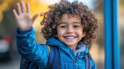 A cheerful child with curly hair waves goodbye at the school entrance, bathed in soft early morning light, symbolizing innocence and new beginnings. 