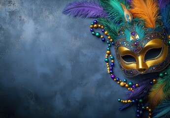 Colorful Mardi Gras Mask with Feathers and Beads Against a Dark Textured Background, Perfect for Celebrations and Festive Events