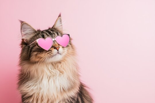 Adorable maine coon cat wearing pink heart-shaped sunglasses against a vibrant pink backdrop	 - Powered by Adobe