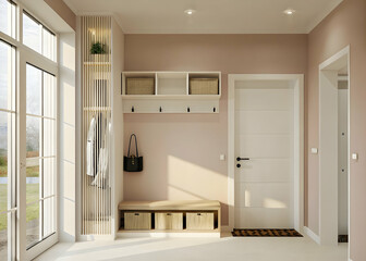 Fototapeta premium Minimalist entryway with light wood bench, pale pink wall, and natural lighting