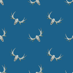 Seamless pattern Moose skulls on blue Background for Halloween design Scull wrapping paper Wallpaper cloth fabric web design Scary party template