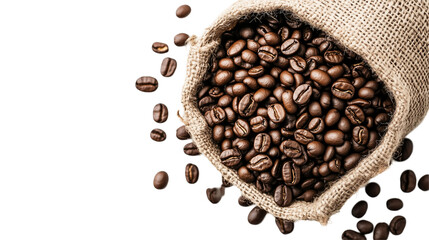 High-resolution image of coffee beans in burlap sack, isolated background