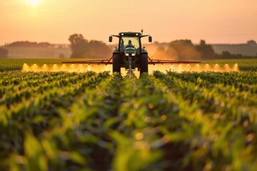 Tractor spraying cornfield with pesticides during sunset, emitting a golden mist under the warm light, surrounded by lush green crops in a serene rural setting