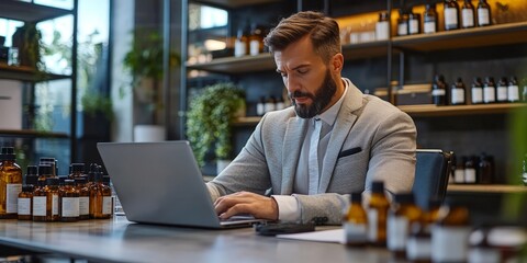 Professional Man Working on Laptop in Modern Office Space