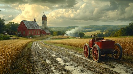 Fototapeta premium Rustic Farm Scene With Antique Tractor And Barn