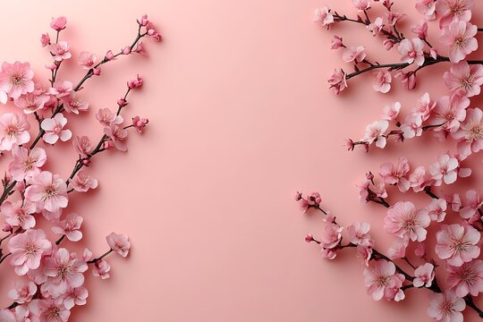 Pink Blossom Branches Frame Soft Pink Background