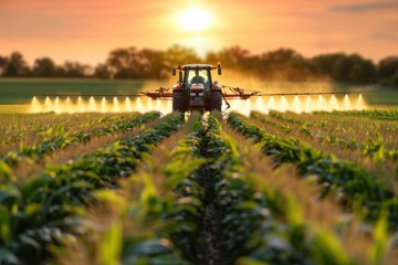 Tractor spraying crops in a lush green cornfield at sunset, with golden light illuminating the mist and creating a agricultural landscape