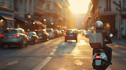 Delivery driver on electric scooter carrying package through busy urban street, navigating traffic and cityscape, focused on efficient and timely package delivery, modern urban logistics and transport