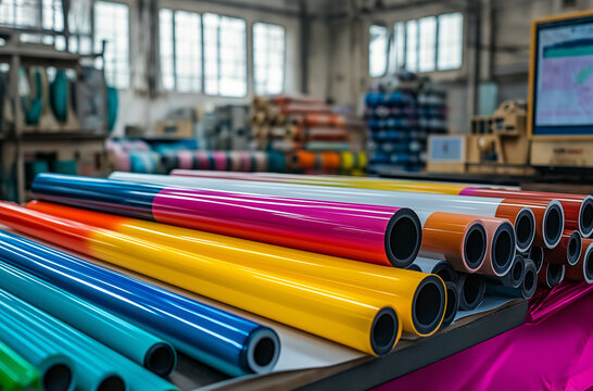 Closeup of vibrant colored vinyl rolls in a printing factory. Various colors and sizes are stacked, showcasing largeformat printing materials.