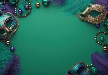 Colorful Mardi Gras Masks and Decorations on a Vibrant Green Background for Festive Celebrations and Party Invitations