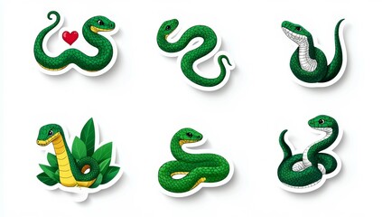 Fototapeta premium Charming cartoon snake stickers with diverse expressions and poses, suitable for children's items, educational materials, merchandise, stationery, and whimsical designs.