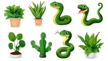 Adorable cartoon snake stickers featuring a range of expressions and poses, ideal for kids' products, educational resources, merchandise, stationery, and fun designs.