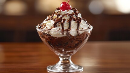 Indulgent Ice Cream Sundae Delight with Chocolate Sauce, Whipped Cream, Sprinkles, and Cherry on Top