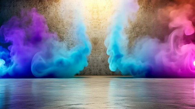 The modern futuristic sci fi concept club background features a grunge concrete empty dark room illuminated by neon glowing purple, blue, and pink lights