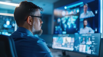A man in glasses observes multiple screens displaying data and video calls in a modern control room environment.