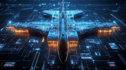 Fototapeta premium Futuristic Digital Aircraft Design Hovers Above Circuitry