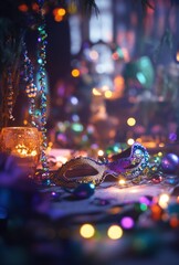 Fototapeta premium Colorful Mask Surrounded by Festive Decorations and Twinkling Lights for a Vibrant Celebration Atmosphere during Carnival or Mardi Gras Events