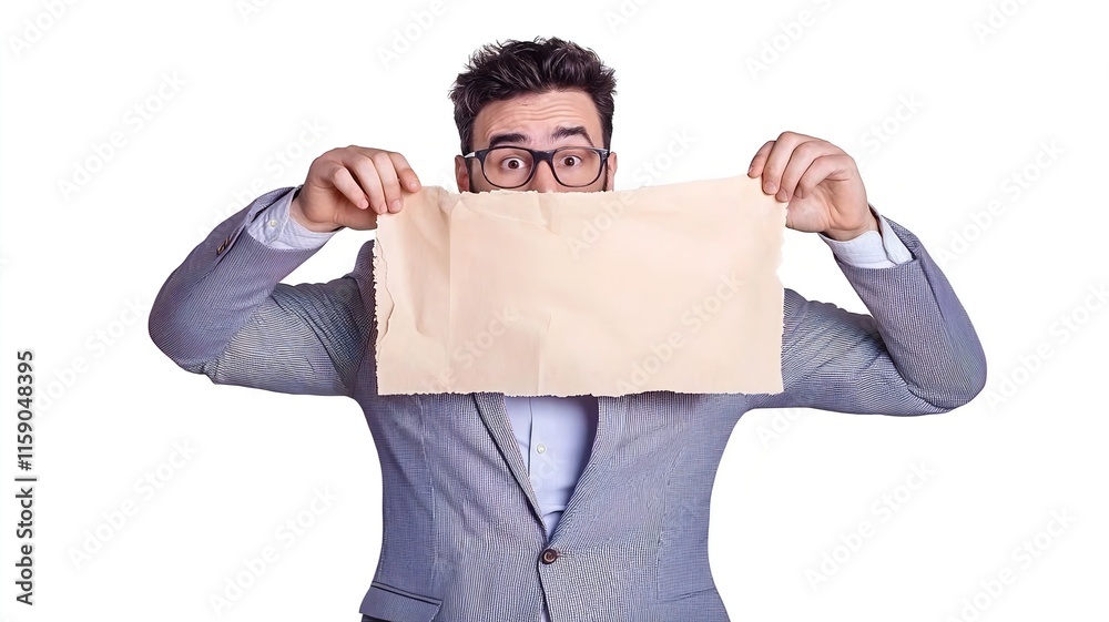 Poster businessman methodically examining and analyzing important documents on isolated white background de