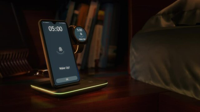 Smartphone as an alarm clock and smartwatch on wireless charging wake up at 6am. Phone and watch displays turn on. The numbers on their screens change from 4:59 am to 5:00 am. Close-up view.