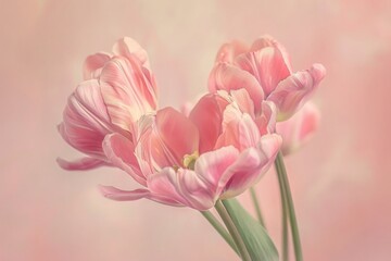 Obraz premium Spring flower composition with delicate pink tulips against a pastel pink background. MZ