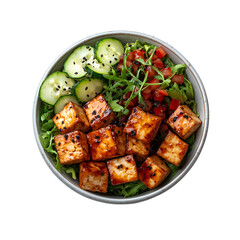 Fototapeta premium Teriyaki tofu bowl with cucumber, tomato, and salad png isolated on transparent background
