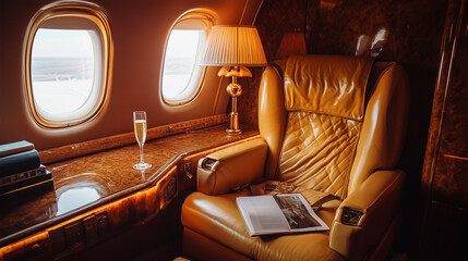 A first-class cabin seat with a reclining chair, a glass of champagne, and a small reading lamp: