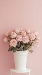 Pink roses in white bucket on soft pink wall. Concept for Valentine's decorated
