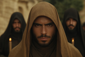 Mysterious hooded figures with intense gaze, holding candles in a dimly lit setting