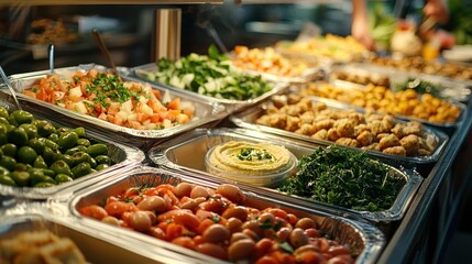 Mediterranean Feast - Close Up of Table filled with Hummus, Pita, Olives, Falafel, and Fresh Veggies for Healthy Eating Concept