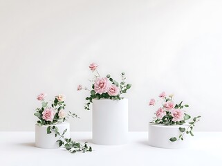 Fototapeta premium A minimalist white podium with green vines and pink roses