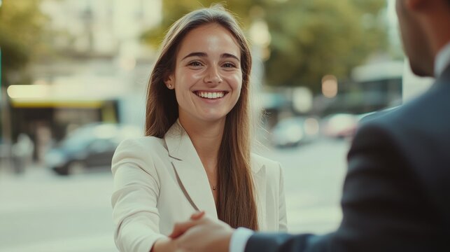 Parisian woman portrait, warm smile, model, film grain effect, office reception, summer theme, white business suit, positive energy, bright eyes, straight hair, shaking hands with a man in business at