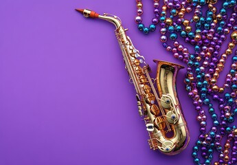 Naklejka premium Colorful Saxophone with Glittering Beads Against a Vibrant Purple Background Perfect for Music Events, Parties, and Jazz Celebrations