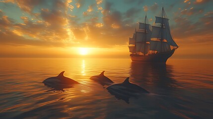 Fototapeta premium Majestic sailing ship at sunset with dolphins swimming in the ocean.