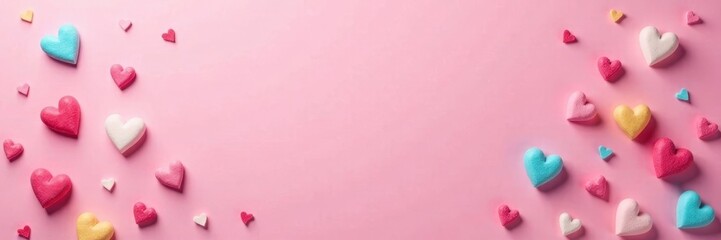 Fototapeta premium Pastel pink background with scattered colorful sugar hearts in various shapes and sizes, sugar hearts, sweet treats